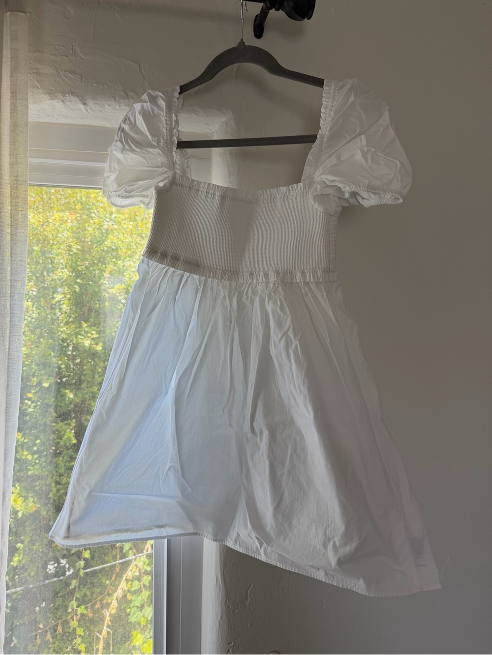 Aritzia White Puff-Sleeve Smocked Mini Dress